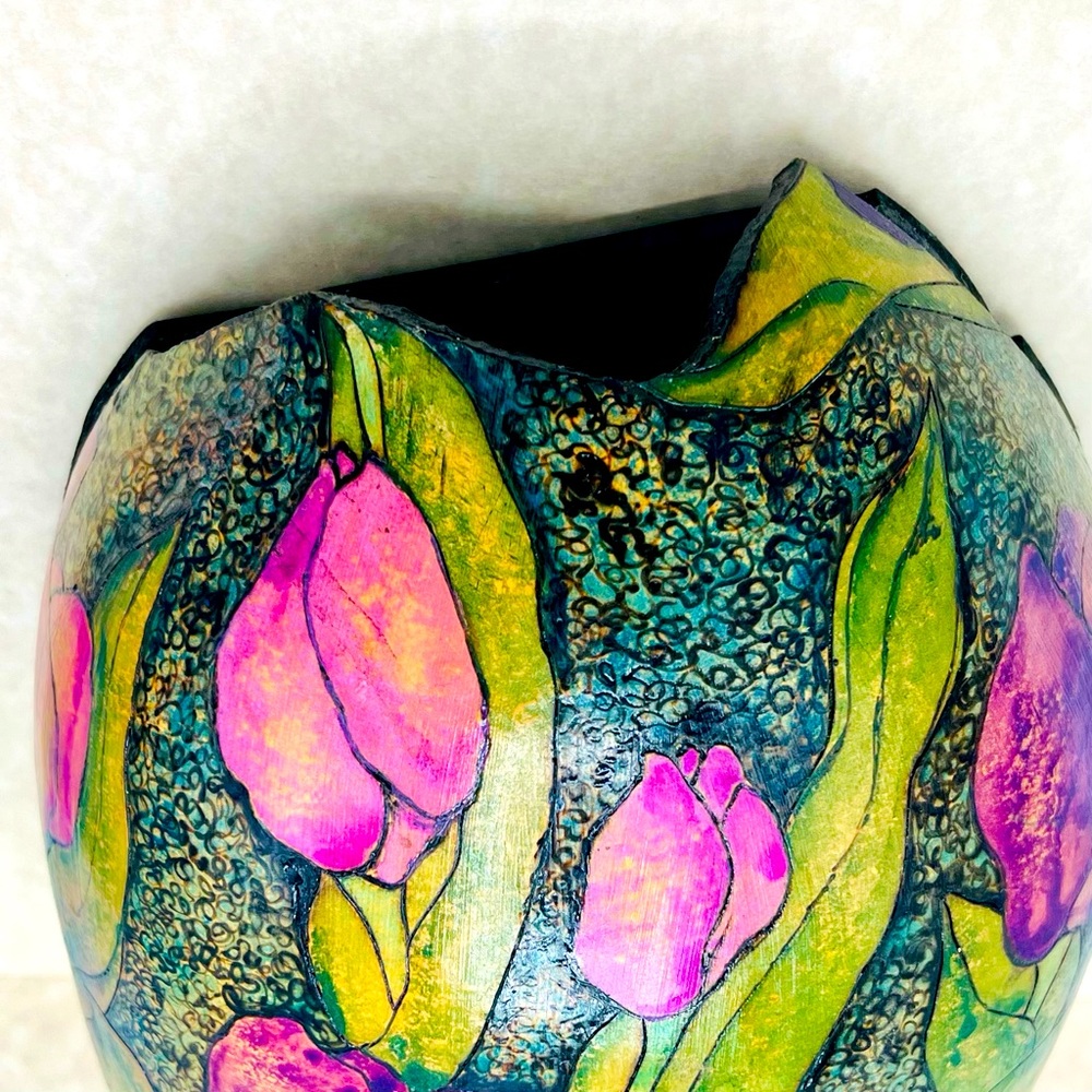 Hand Crafted Wall Pocket Pink Purple Tulips Original Gourd Art Air Plant Holder - Picture 17 of 17